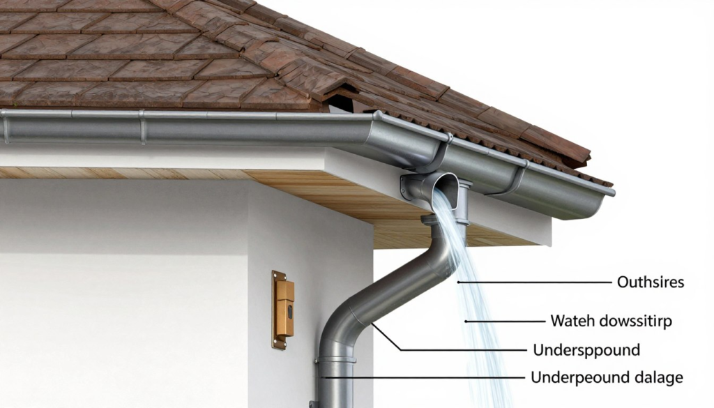 complete gutter system showing gutters, downspouts, and proper water drainage away from foundation