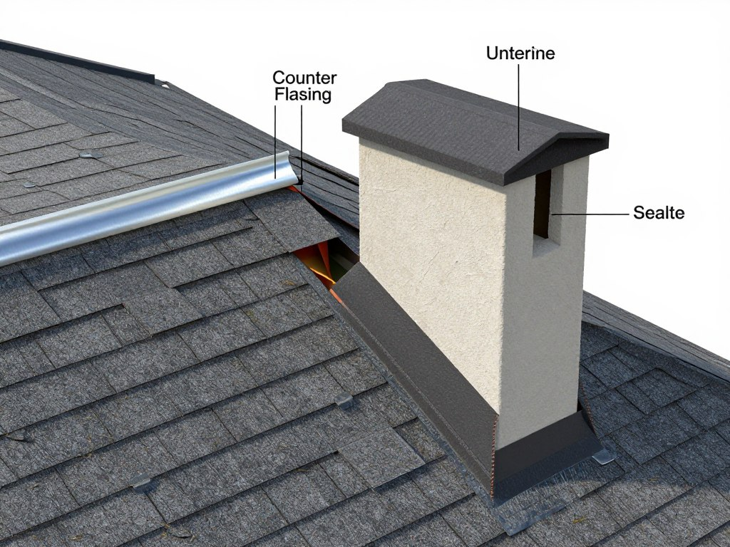detailed diagram of step flashing and counter flashing installation at a roof-wall intersection