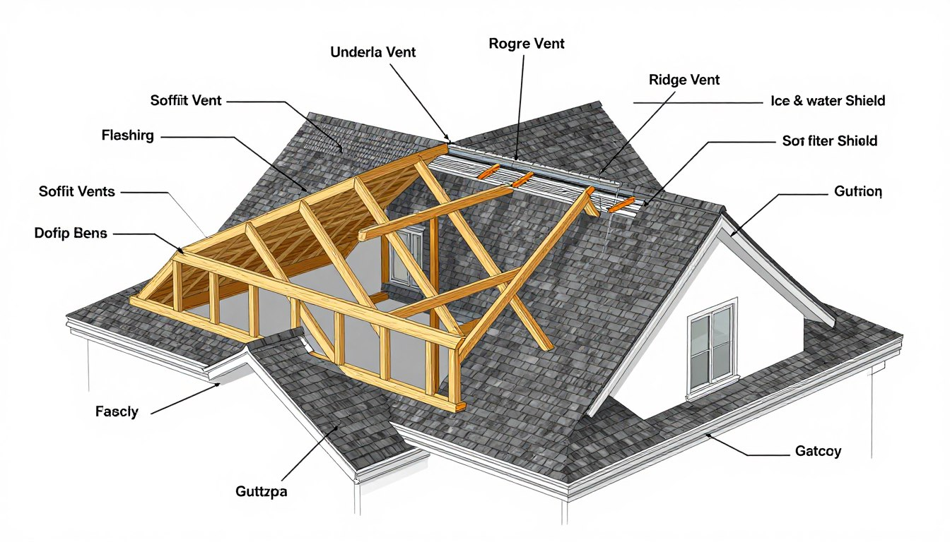 labeled diagram showing the complete anatomy of a roof with all major components and layers