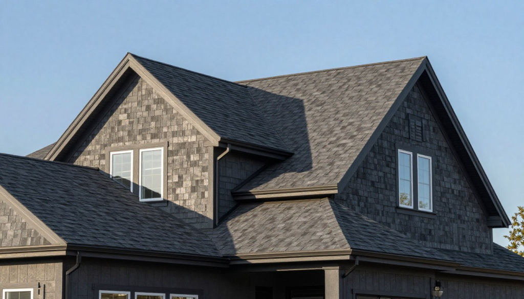 Architectural asphalt shingles on residential roof showing dimensional texture and shadow lines