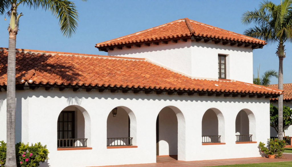 Clay tile roof on Spanish style home showing terracotta colors