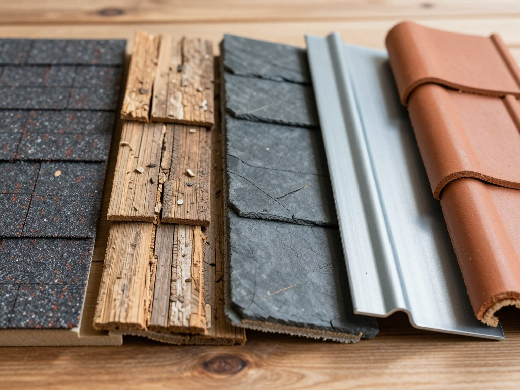 Close-up comparison of different roofing shingles materials and textures