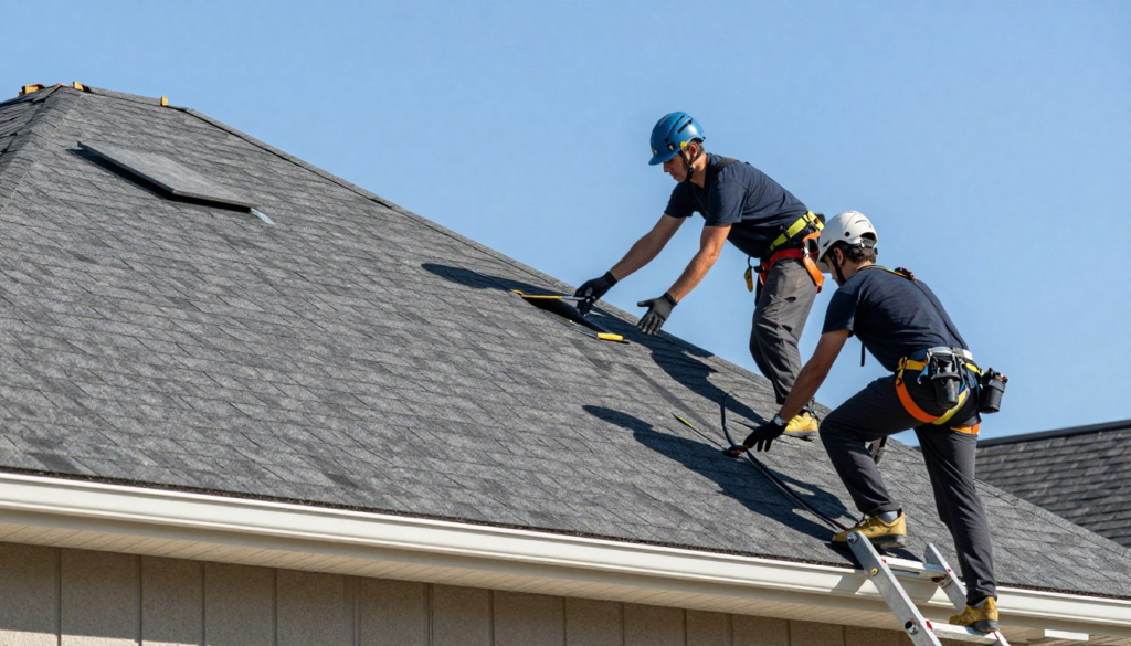 Professional roofer installing high-quality shingles on residential home