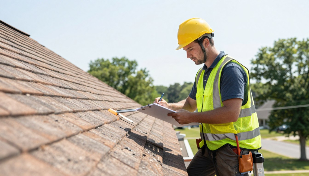 Roofing contractor performing detailed roof inspection and taking notes in Dayton