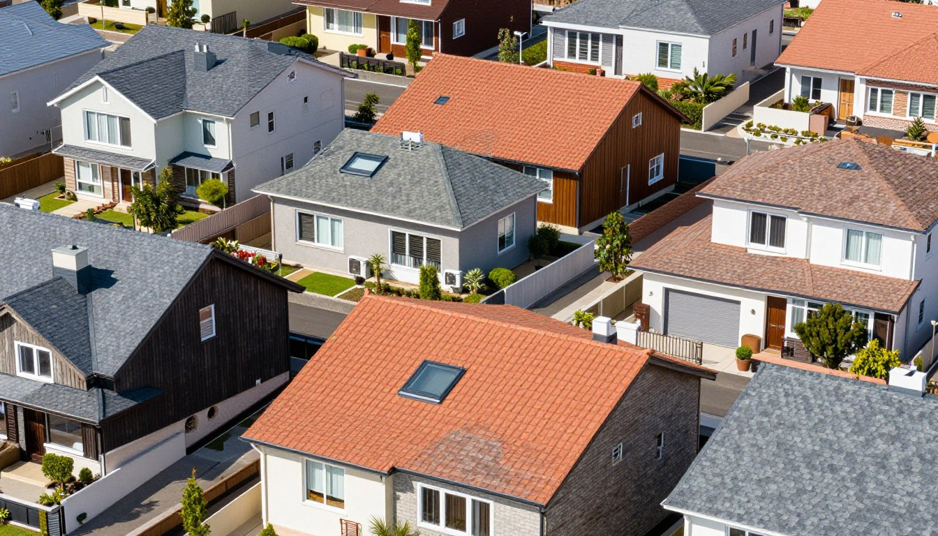 Roofing shingles comparison showing different materials and colors on residential homes