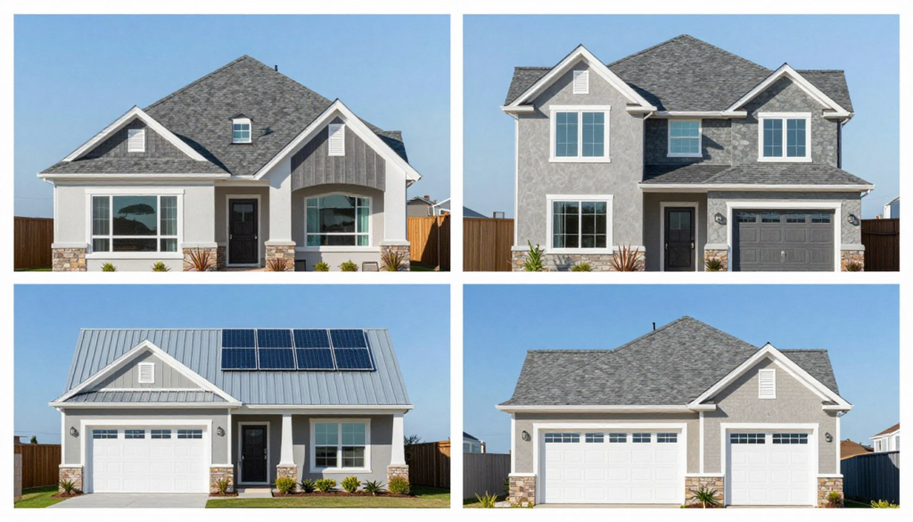 Side-by-side comparison of different homes with appropriate roofing materials for their situations