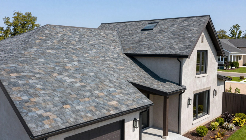 Synthetic composite shingles on modern home replicating slate appearance