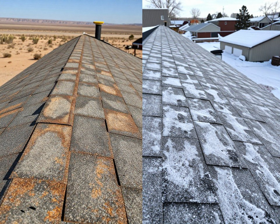 Weather damage comparison showing how different climates affect roofing materials