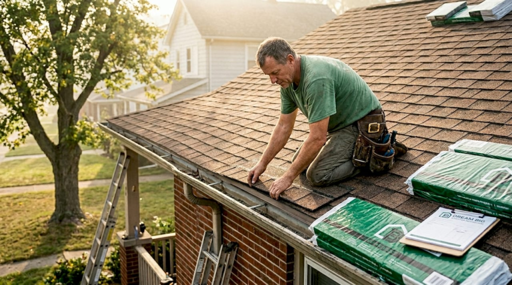 Roofer installing shingles on Dayton home