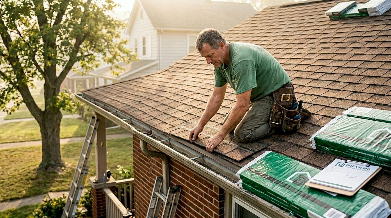 Roofer installing shingles on Dayton home