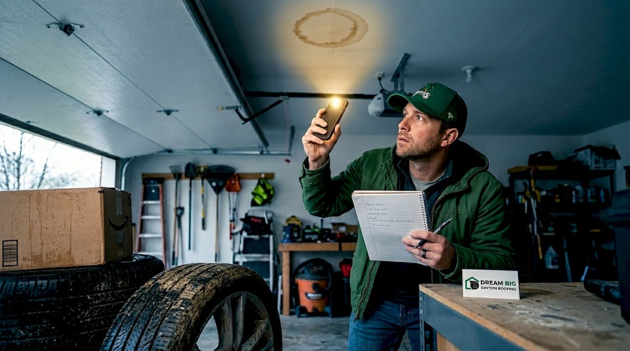 Homeowner inspecting roof leak in garage ceiling