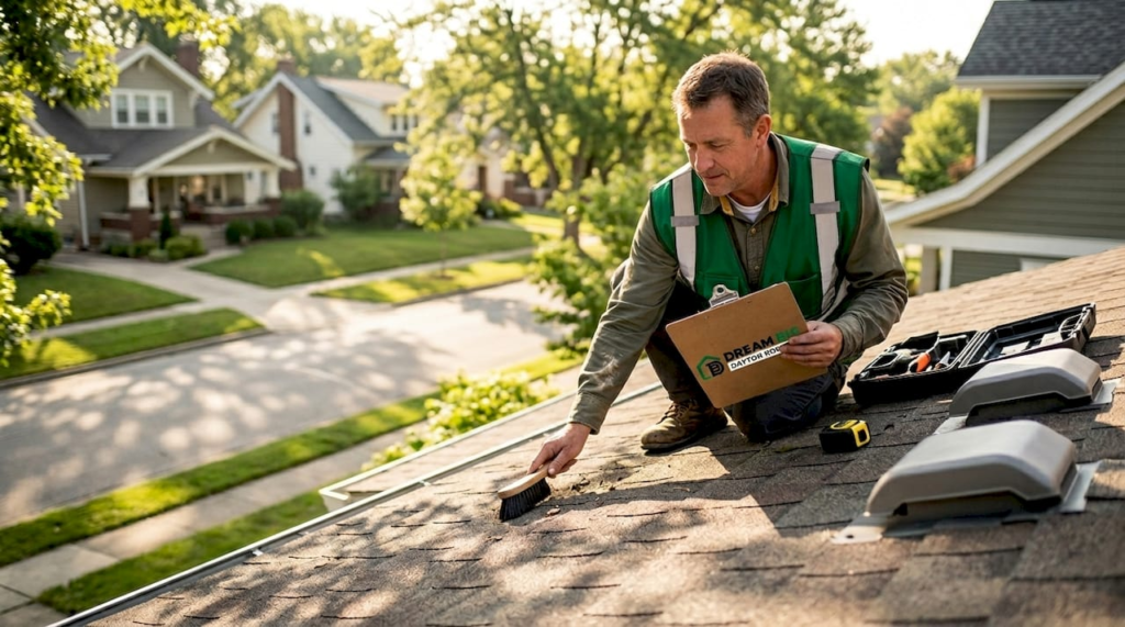 Certified roofer inspecting Dayton home roof