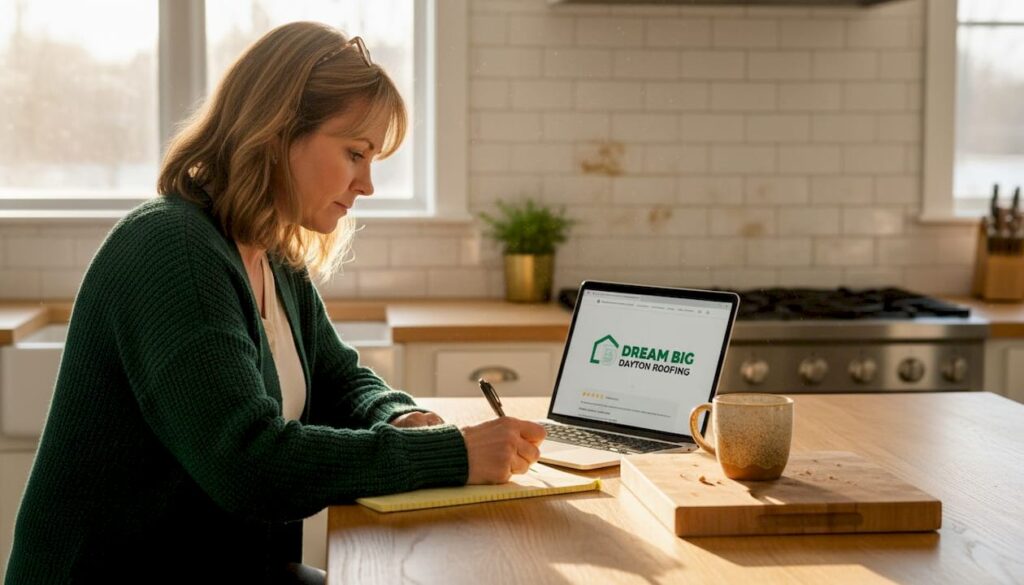 Homeowner researching roofer reviews at kitchen island