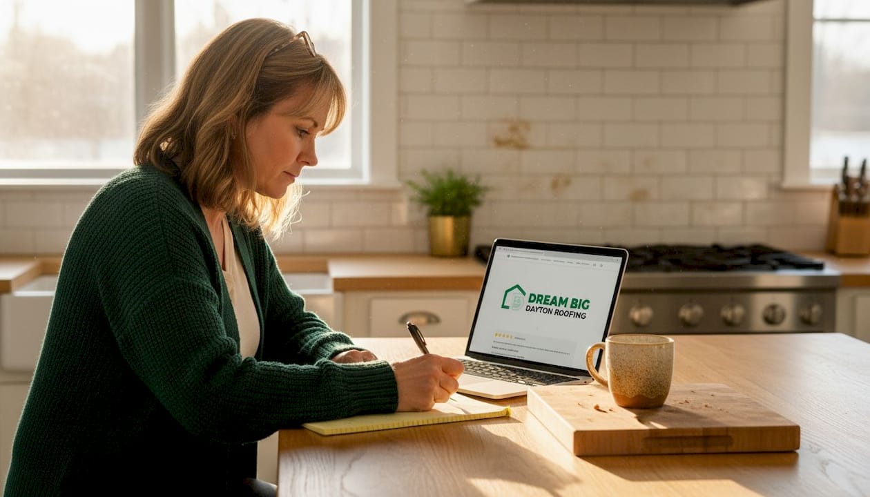 Homeowner researching roofer reviews at kitchen island