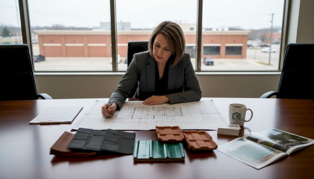 Manager reviewing commercial roofing plans