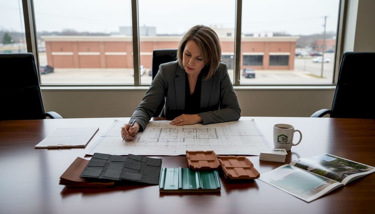 Manager reviewing commercial roofing plans