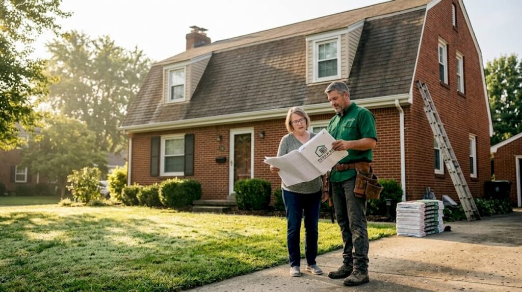 Roofing contractor and homeowner planning replacement