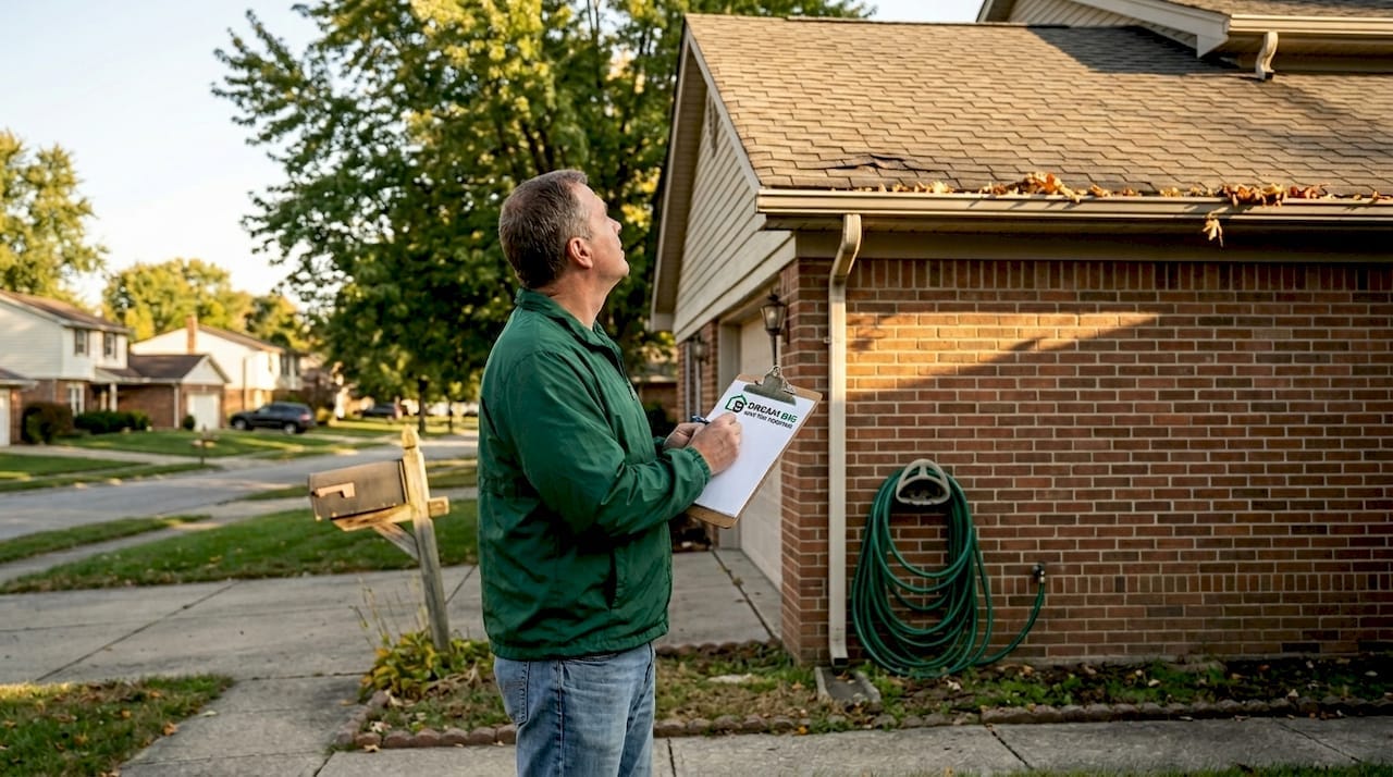Homeowner inspecting roof for insurance claim