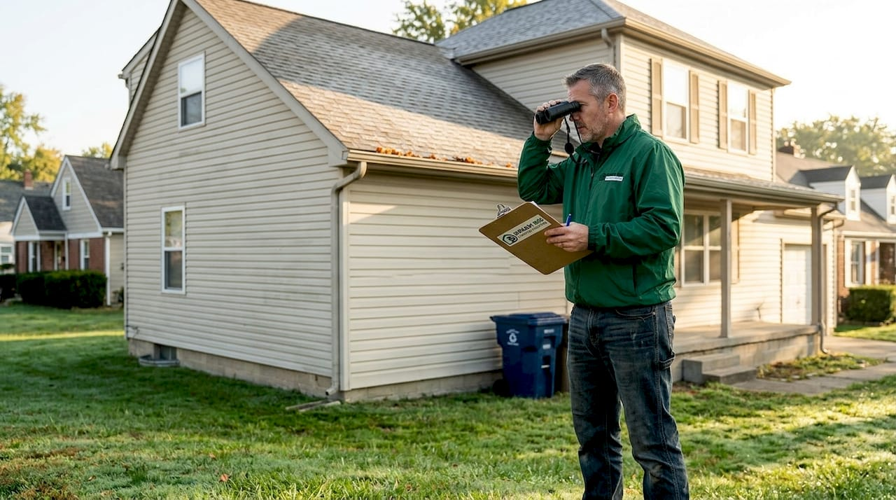 Roof inspector examining Dayton home exterior