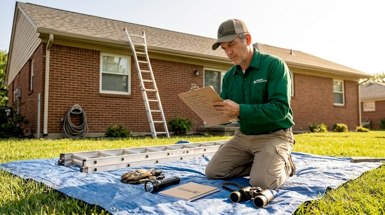 Homeowner gathers roof inspection tools outdoors