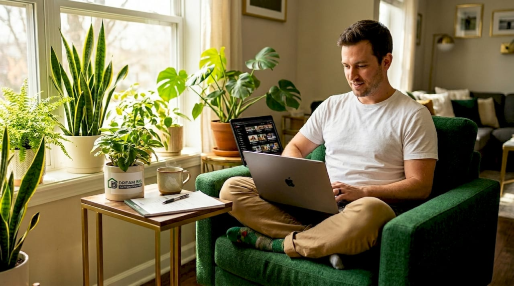 Man explores video platforms on laptop in living room