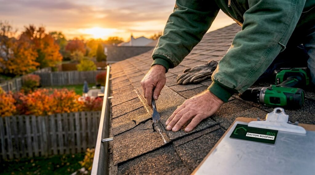 Roofer repairing shingle on Dayton home roof