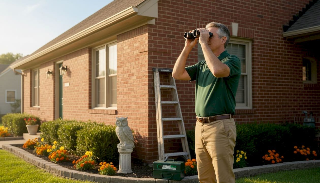 Homeowner inspecting roof chimney flashing