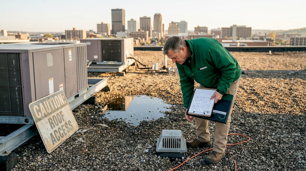 Facility manager inspecting large industrial roof