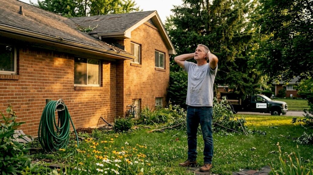 Homeowner examining worn shingles from front yard