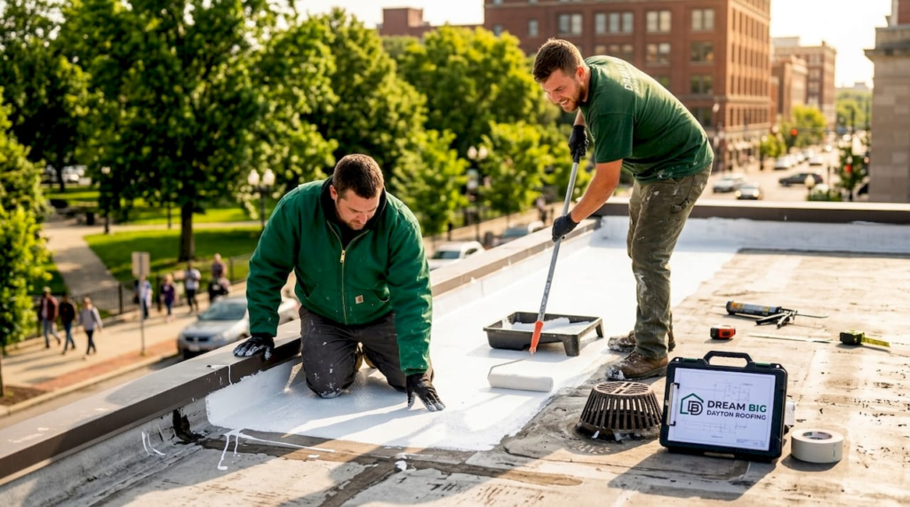 Roofing crew applying silicone coating in Dayton