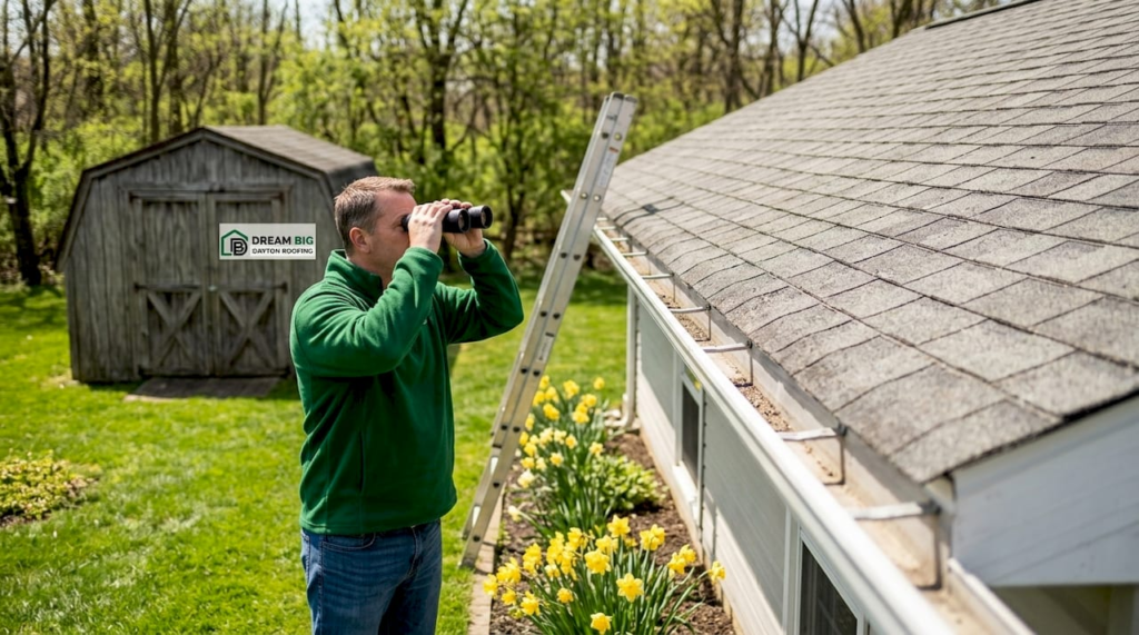 Homeowner inspecting suburban roof with binoculars