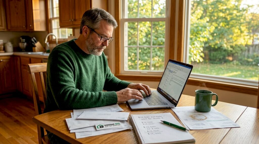 Homeowner calculating roof replacement budget at kitchen table