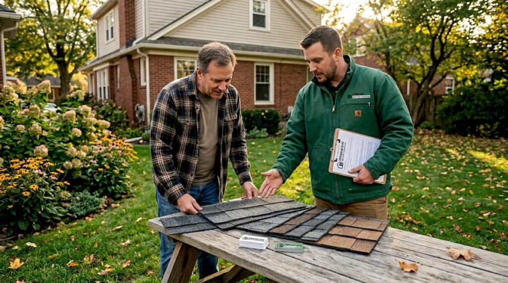 Homeowner comparing roofing samples Dayton