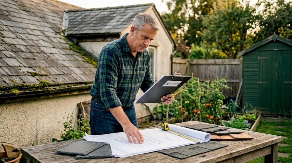 Homeowner reviewing roofing plans in driveway