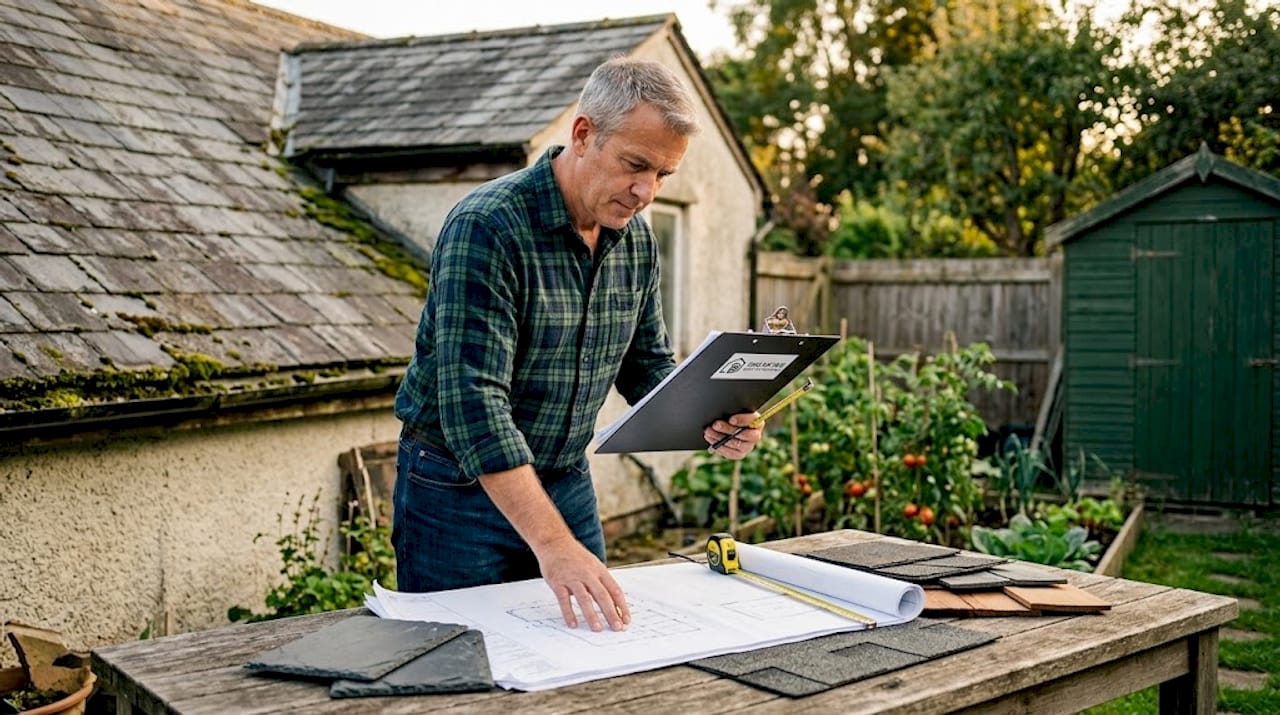 Homeowner reviewing roofing plans in driveway