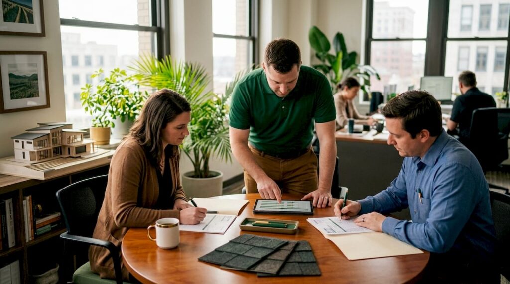 Roofing specialists planning at office table