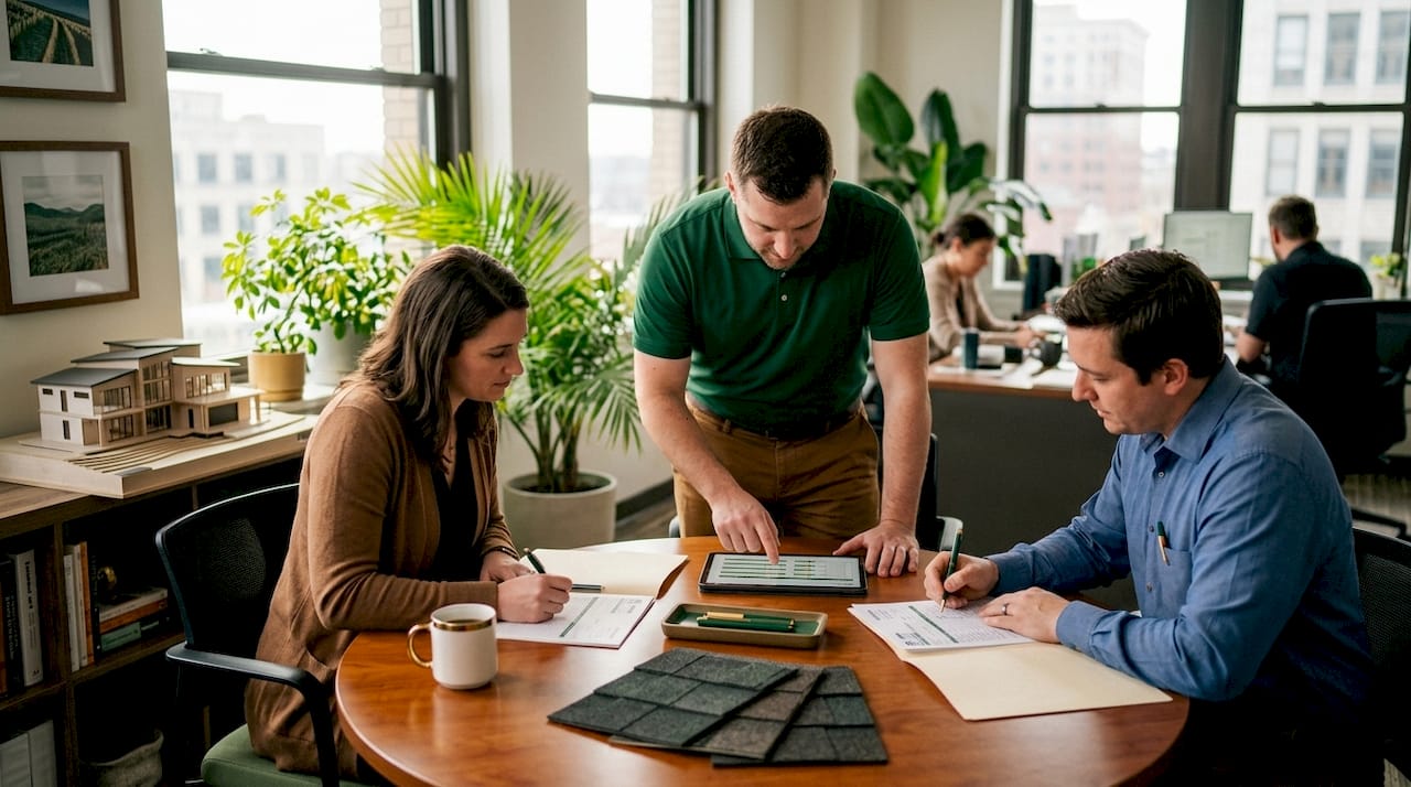 Roofing specialists planning at office table