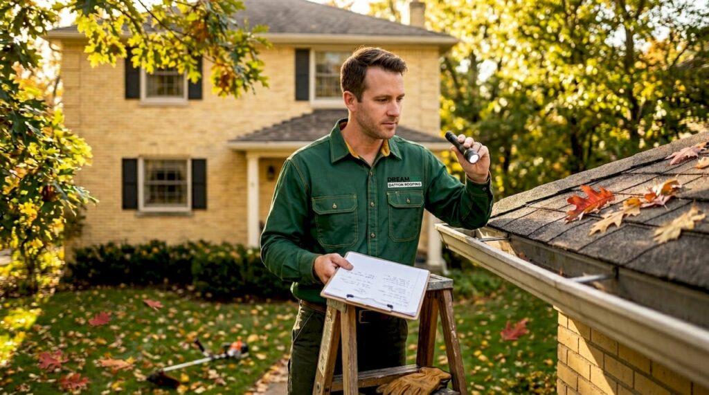 Roofer inspecting flashing on brick home