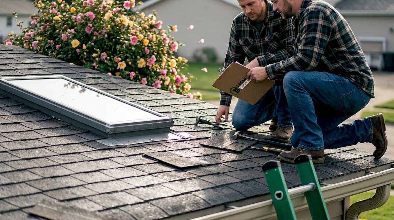 Roofers inspecting Ohio home roof after storm