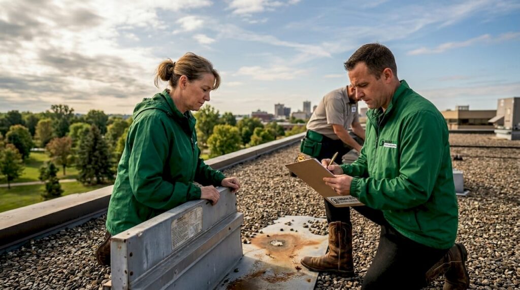 Property manager inspecting commercial roof