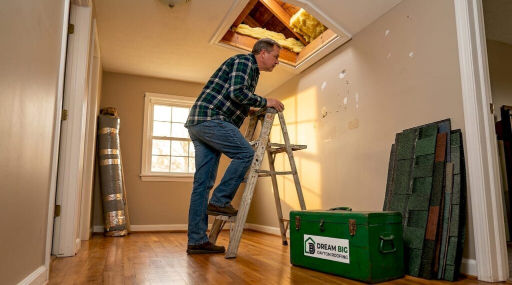 Homeowner inspecting attic roof ventilation