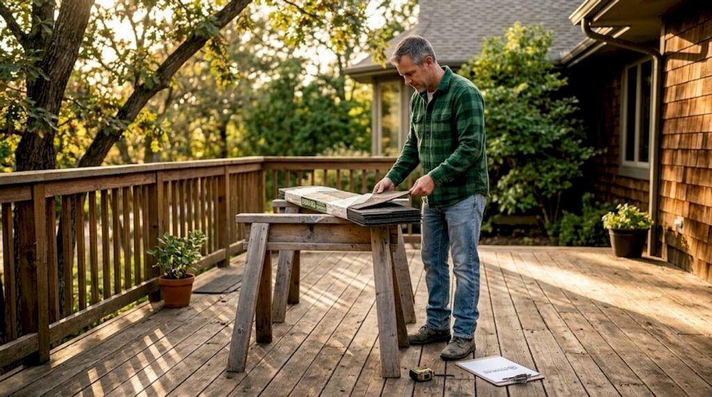 Homeowner examining roofing shingles outdoors