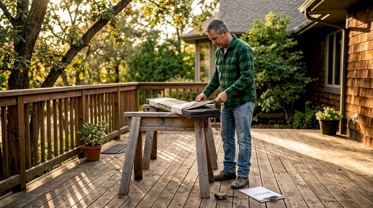 Homeowner examining roofing shingles outdoors