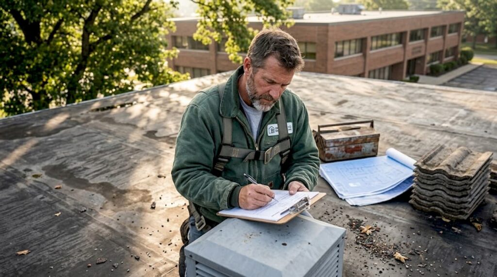 Roofing contractor inspecting commercial rooftop
