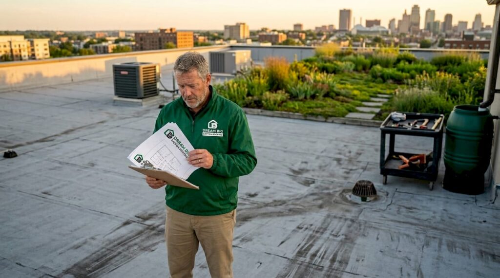Facility manager inspects commercial flat roof