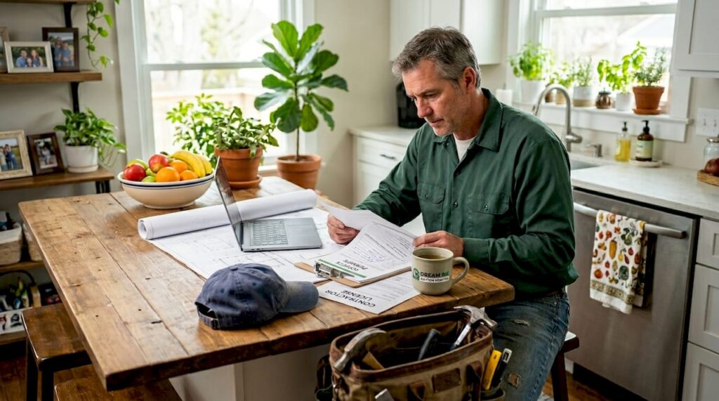 Roofing contractor reviewing paperwork at kitchen table