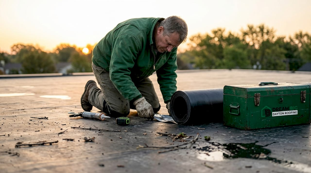 Homeowner inspecting flat roof membrane repair