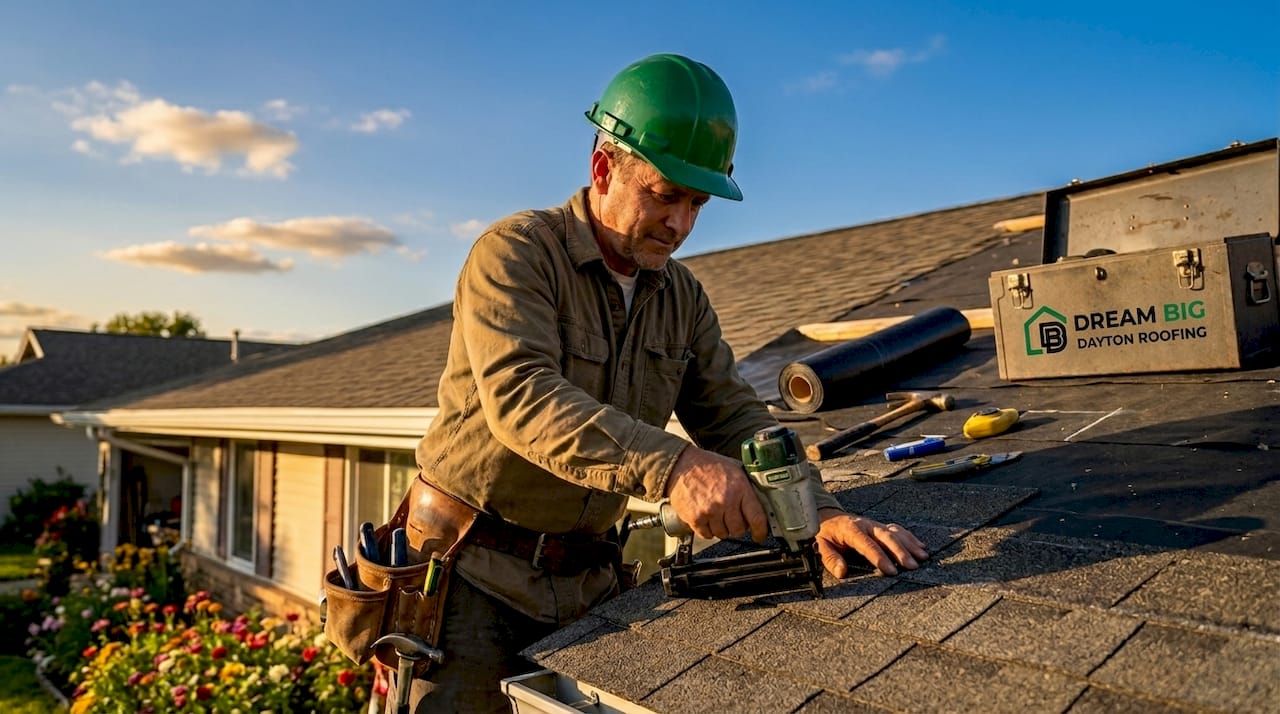 Roofer installing shingles on house roof