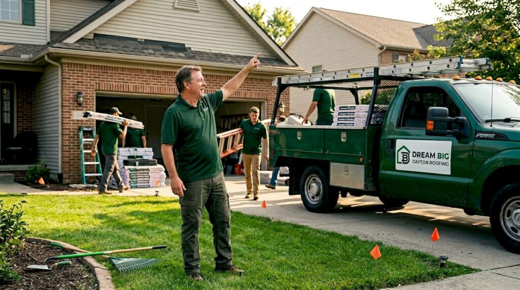 Homeowner preparing for roof installation outside house