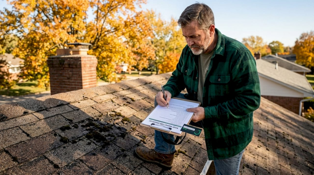 Homeowner inspecting residential roof shingles